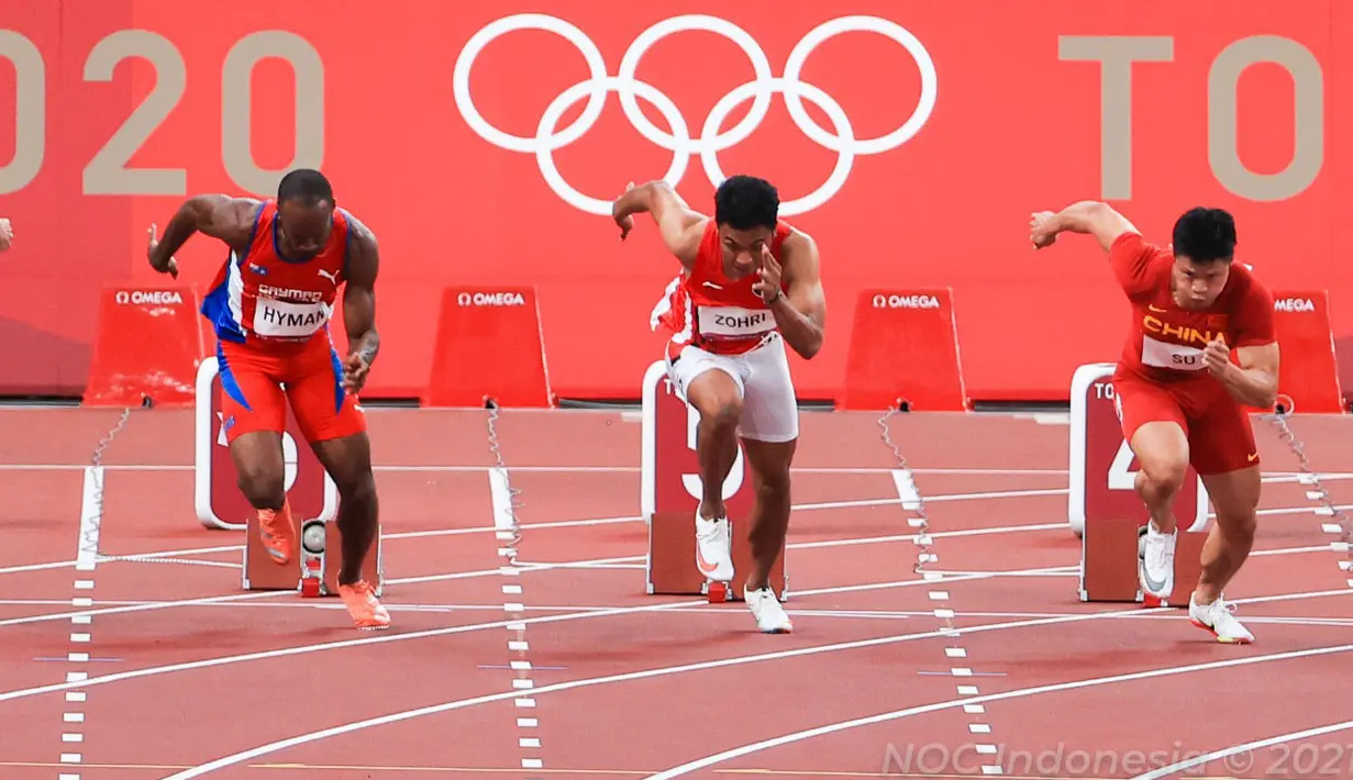 Sprinter muda Indonesia itu harus puas hanya menempati peringkat kelima dalam heat 4 round 1 cabang atletik nomor lari 100 meter putra Olimpiade Tokyo 2020 di Olympic Stadium, Tokyo, Sabtu (31/7/2021). (Dok NOC Indonesia)