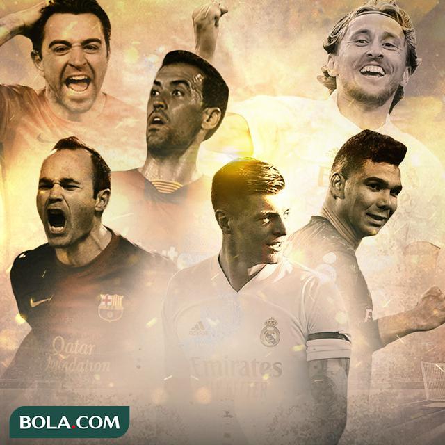 Ilustrasi - Xavi, Andres Iniesta, Sergio Busquets, Luka Modric, Toni Kroos, Casemiro
