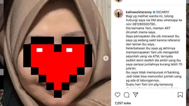 Unggahan Kalina Ocktaranny. (Foto: Instagram @kalinaocktaranny)