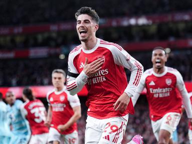 Gol tunggal Kai Havertz menjadi penentu tiga poin yang semakin mendekatkan The Gunners ke mahkota Premier League pertama mereka dalam 22 tahun terakhir. (John Walton/PA via AP)
