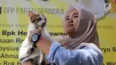 Bandi pemenang kucing mirip Bobby The Cat milik capres Prabowo Subianto saat mengikuti lomba di DPP Partai Gerindra, Jakarta, Sabtu (9/3). Lomba ini sekaligus untuk sosialisasi adopsi kucing liar. (Liputan6.com/Herman Zakharia)