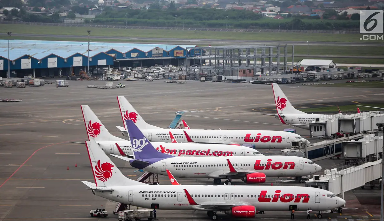 <p>Pesawat maskapai Lion Air terparkir di areal Bandara Soekarno Hatta, Tangerang, Kamis (16/5/2019). Berdasarkan hasil Rapat Koordinasi antara Kementerian Bidang Perekonomian dan Kementerian Perhubungan memutuskan tarif batas atas tiket pesawat turun sebesar 12-16 persen. (Liputan6.com/Faizal Fanani)</p>