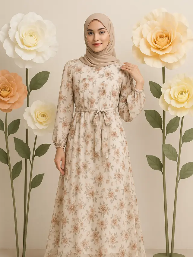 Model Gamis Ceruti Motif Bunga Terbaru