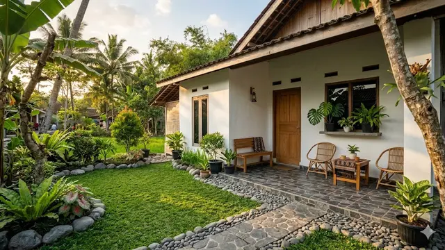Contoh Rumah Desa dengan Teras Keramik Motif Batu dan Taman Mini