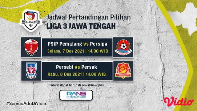 Link Live Streaming Liga 3 Jateng 2021 di Vidio Pekan Ini, 7-8 Desember 2021