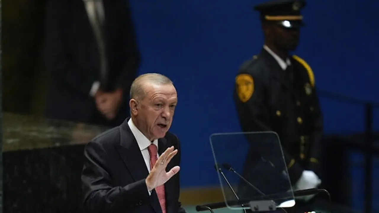 Presiden Turki Recep Tayyip Erdogan saat menyampaikan pidato pada Sidang ke-79 Majelis Umum PBB, Selasa, (24/9/2024), di Markas Besar PBB di New York, Amerika Serikat.