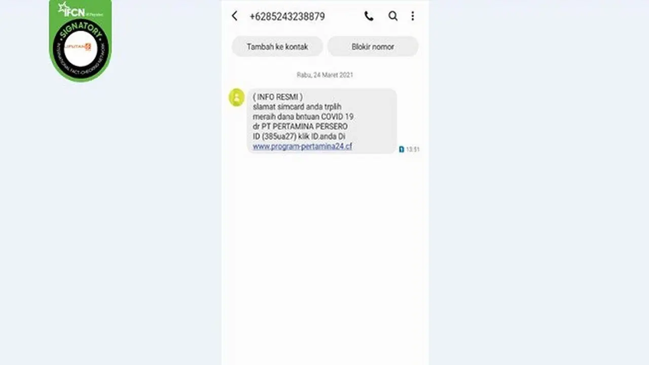 Gambar Tangkapan Layar Kabar Hoaks Pertamina Bagikan Dana Bantuan Covid-19 Lewat SMS.