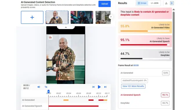Video Gubernur Papua Mathius Derek Fakhiri menyampaikan bantuan dari pemerintah dengan menunjukkan hasil AI. (Foto: tangkapan layar Hive Moderation)