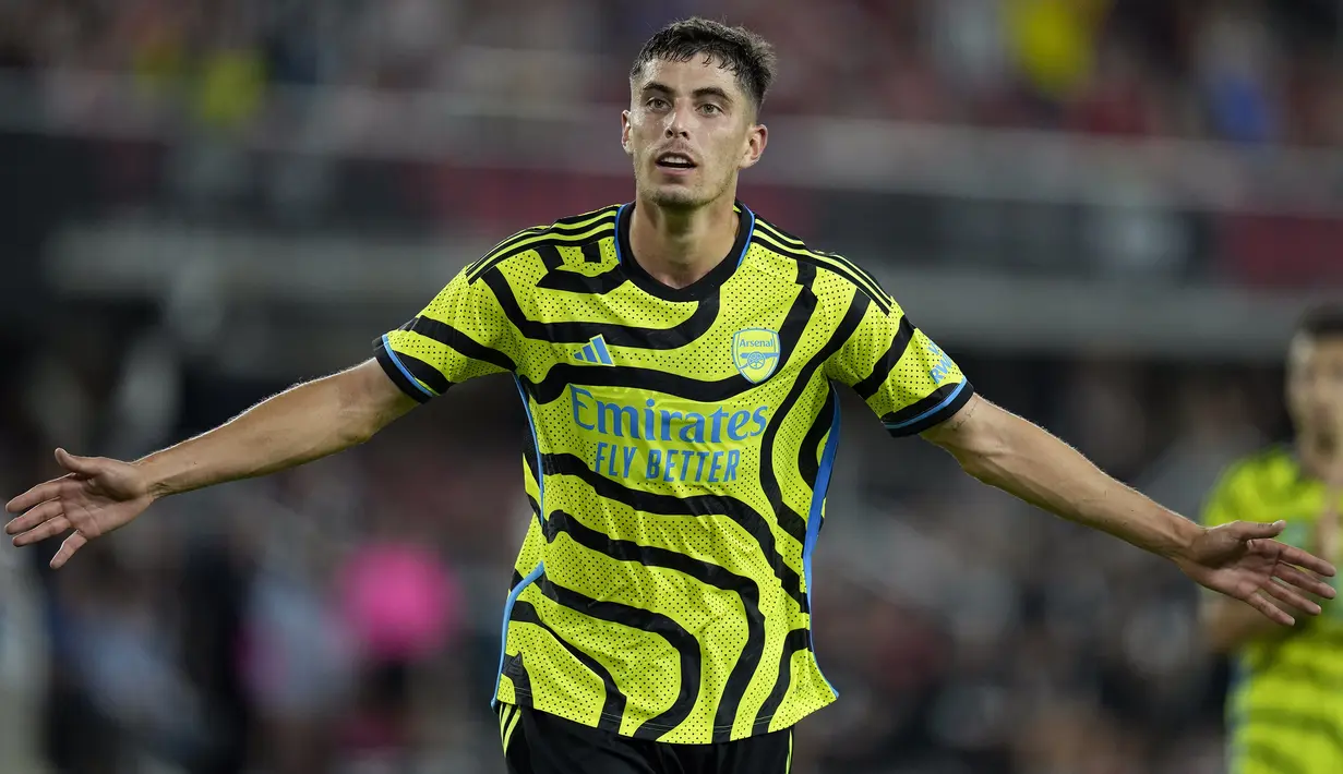 Selebrasi gelandang Arsenal, Kai Havertz setelah mencetak gol kelima timnya ke gawang MLS All-Stars pada laga pramusim 2023/2024 di Washington DC, Amerika Serikat, Kamis (20/7/2023) pagi WIB. (AP Photo/Alex Brandon)