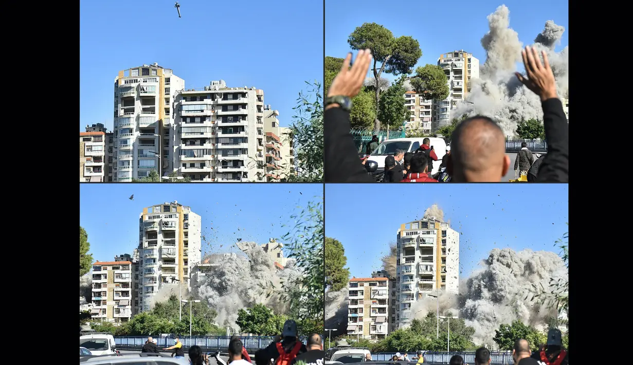 Foto kombinasi yang dibuat pada 22 Oktober 2024 menunjukkan saat sebuah roket yang ditembakkan oleh pesawat tempur Israel menghantam sebuah bangunan di pinggiran selatan Beirut, Shayah, pada Selasa 22 Oktober 2024. (Fadel ITANI/AFP)