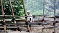 Seorang masyarakat Baduy Dalam melintas di jambatan bambu yang berada di kawasan Baduy Luar, Sabtu, 24/8/2024. (Syahrul Rahmat)