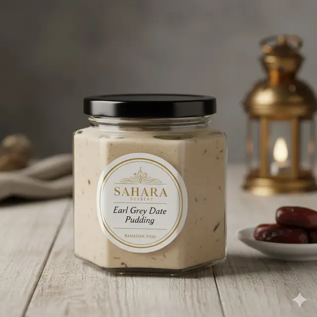 Puding Susu Kurma Infusi Earl Grey dalam Jar Hexagon (Gemini AI)