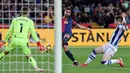 Penyerang Barcelona, Ferran Torres (tengah) melakukan tendangan ke arah gawang Real Sociedad pada laga pekan ke-26 Liga Spanyol 2024/2025 di Estadi Olimpic Lluis Companys, Minggu 2 Maret 2025 malam WIB. (LLUIS GENE/AFP)