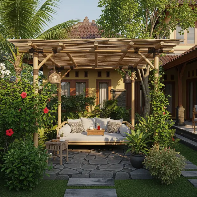 Desain Pergola Belakang Rumah Agar Terasa Lebih Sejuk sebagai Inspirasi Gaya Minimalis hingga Tropis Model Atap Bambu