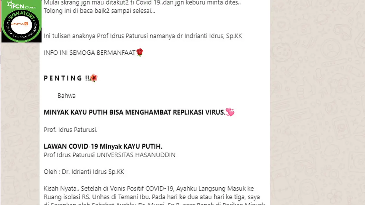 Penelusuran Klaim Minyak Kayu Putih Obat Covid-19 Tulisan Asli dr Indrianti Idrus