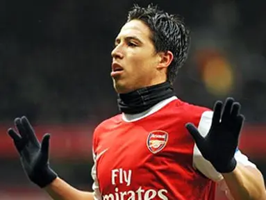 Raut gembira Samir Nasri yang mencetak dua gol untuk kemenangan Arsenal yang mengalahkan Fulham 2-1 di Emirates Stadium, London, pada 4 Desember 2010. AFP PHOTO/BEN STANSALL