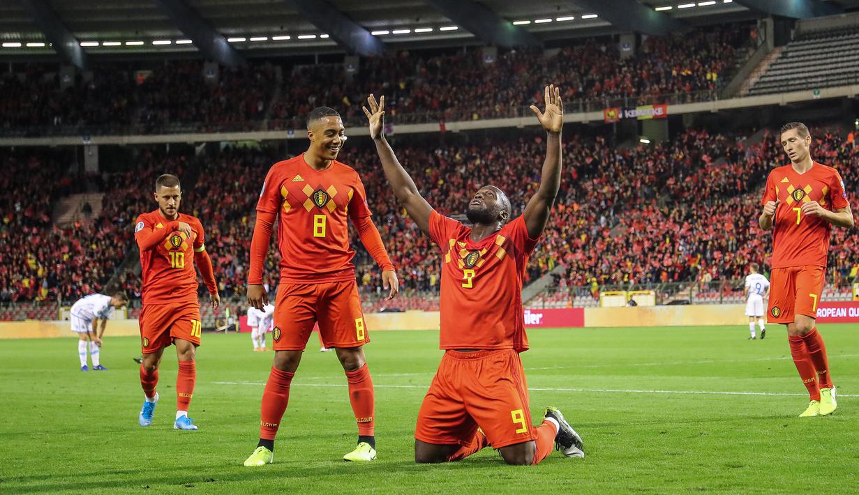 8. Tim Nasional Belgia (57 Gol). Romelu Lukaku telah membukukan 57 gol untuk Belgia dalam 89 penampilannya mulai tahun 2010 hingga 2020. (AFP/Bruno Fahy/Belga)