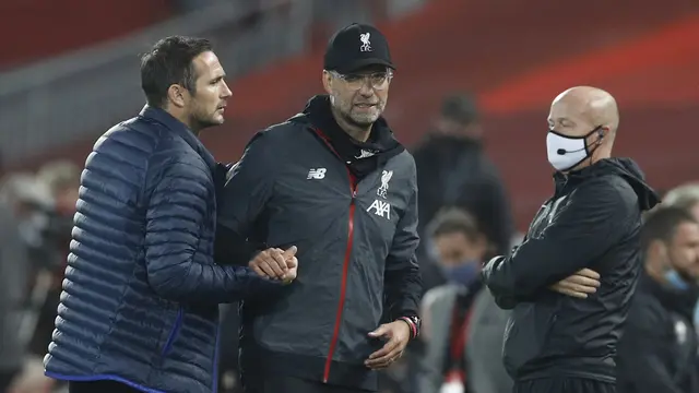 Manajer Chelsea, Frank Lampard dan manajer Liverpool, Jurgen Klopp.