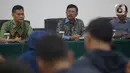 Menkominfo Johnny G Plate, Direktur Penyiaran Kemenkominfo Geryantika Kurnia dan Staf khusus Menteri Philip Gobang memberikan keterangan usai pertemuan terpisah antara Dewan Pengawas Lembaga Penyiaran Publik (LPP) TVRI dengan Direksi TVRI, di Jakarta, Jumat (6/12/2019). (Liputan6.com/Johan Tallo)