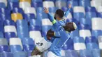 Penyerang Napoli Lorenzo Insigne berselebrasi dengan Victor Osimhen setelah mencetak gol ke gawang Legia Warsawa pada lanjutan Liga Europa di Stadion Diego Armando Maradona, Jumat (22/10/2021) dini hari WIB. Napoli sukses melibas Legia Warsawa dengan skor 3-0. (Alessandro Garofalo/LaPresse via AP)