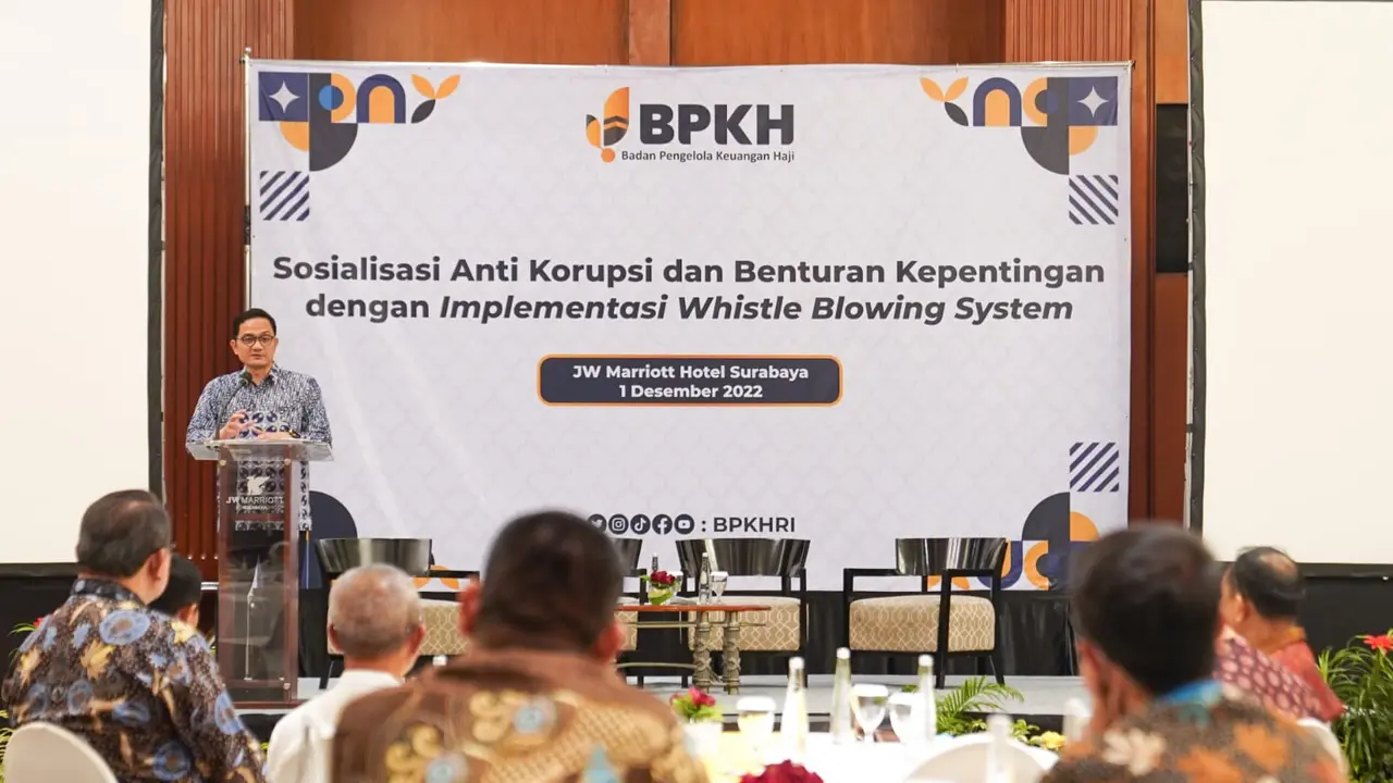 Badan Pengelola Keuangan Haji (BPKH) menggelar sosialisasi anti korupsi dan benturan kepentingan dengan implementasi Whistle Blowing System dalam rangka memitigasi praktik tindak Korupsi, Kolusi, Nepotisme (KKN) di lingkungan kerja (Istimewa)