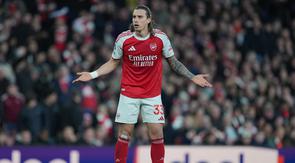 Ekspresi Riccardo Calafiori dalam laga Liga Inggris 2025/2026 antara Arsenal vs Everton, Minggu (15/3/2026). (AP Photo/Kin Cheung)