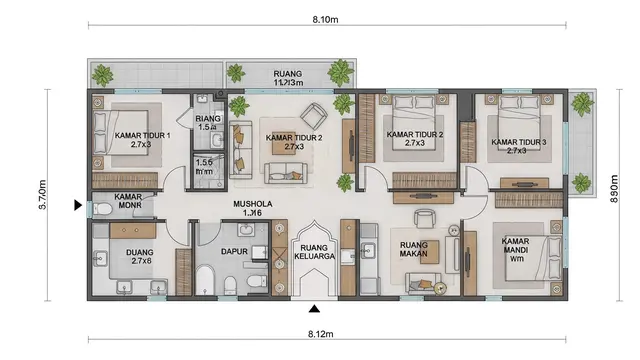 Denah Desain Rumah 8x12 dengan 3 Kamar dan Mushola