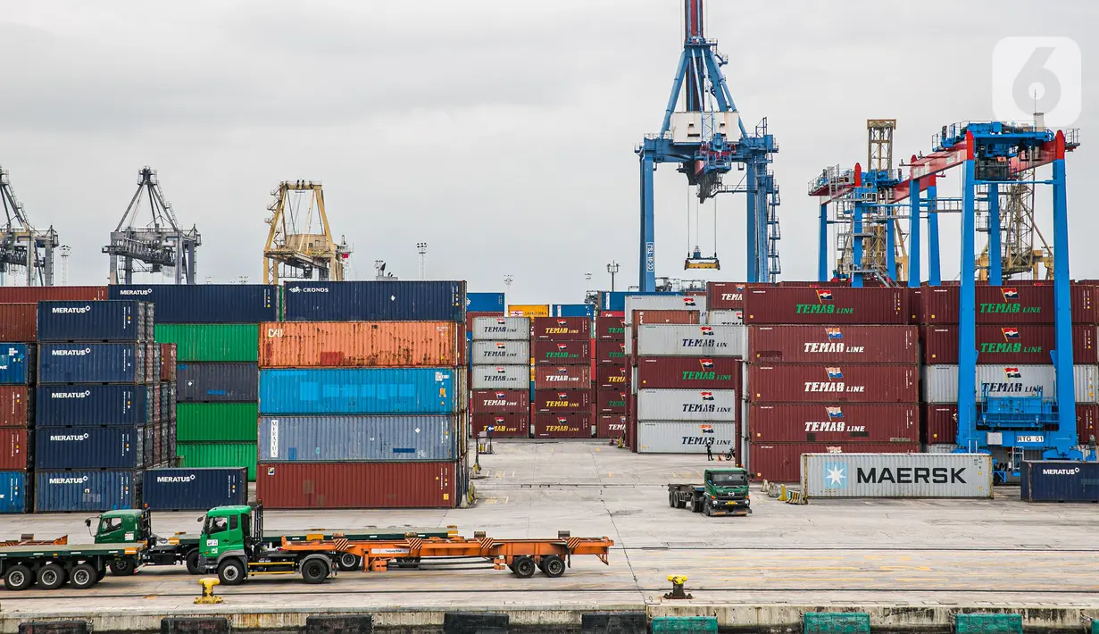Suasana aktivitas bongkar muat peti kemas di Pelabuhan Tanjung Priok, Jakarta Utara, Kamis (21/1/2021). BI 7-day Reverse Repo Rate konsisten dengan perkiraan inflasi tetap rendah dan stabilitas eksternal terjaga sebagai upaya bersama mendukung pemulihan ekonomi nasional. (Liputan6.com/Faizal Fanani)