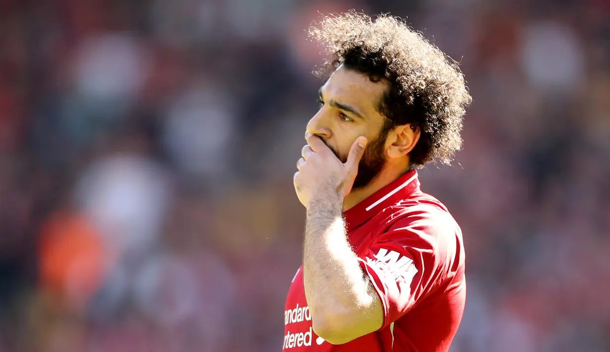 Ekspresi pemain Liverpool Mohamed Salah selama pertandingan Liga Inggris menghadapi Wolverhampton Wanderers di di Stadion Anfield, Liverpool, Inggris, Minggu (12/5/2019). Liverpool gagal meraih gelar juara Liga Inggris. (Reuters/Carl Recine)