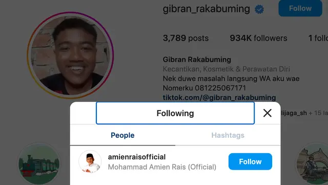 Akun Instagram Gibran Rakabuming mengikuti Amien Rais. (Foto: Dok. Instagram @gibran_rakabuming)