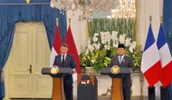 Presiden Prabowo Subianto usai melaukan pertemuan bilateral dengan Presiden Prancis Emmanuel Macron di Istana Merdeka Jakarta, Rabu (28/5/2025). (Liputan6.com/Lizsa Egeham)