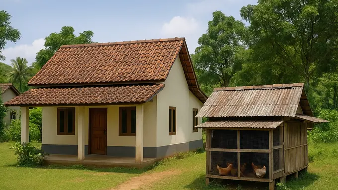 Ilustrasi Rumah dengan Kandang Ayam