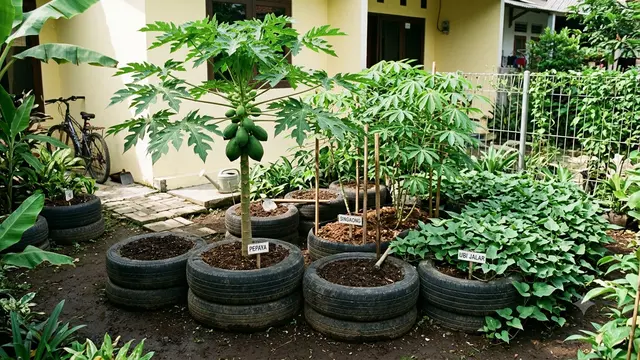 Inspirasi Berkebun Hemat Tanpa Membeli Pot Tanaman dari Ban Bekas untuk Menanam Pepaya, Singkong serta Ubi Jalar