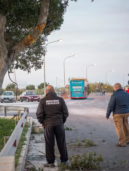 Petugas kepolisian memeriksa cabang pohon yang rusak setelah ditabbrak bus wisata tingkat beratap terbuka di Zurrieq, Malta, Senin (9/4).  Dahan pohon tersebut menjadi lebih rendah dari posisi sebelumnya karena angin kencang (AP Photo/Rene Rossignaud)