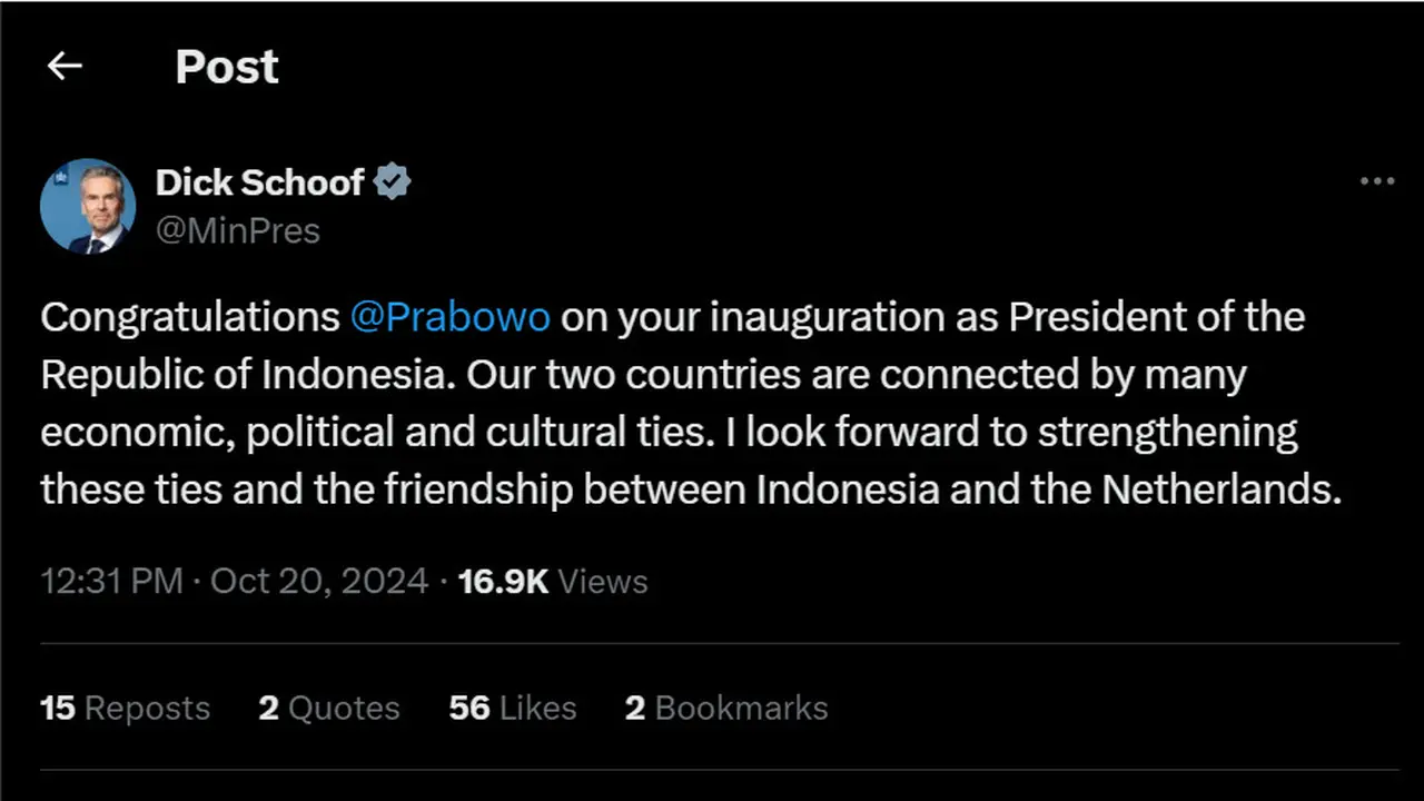Ucapan PM Belanda Dick Schoof kepada Prabowo Subianto yang secara resmi telah dilantik sebagai presiden Republik Indonesia (Twitter).
