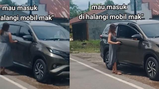 Emak-emak parkir mobil di tengah jalan (TikTok/@alvianoardan)