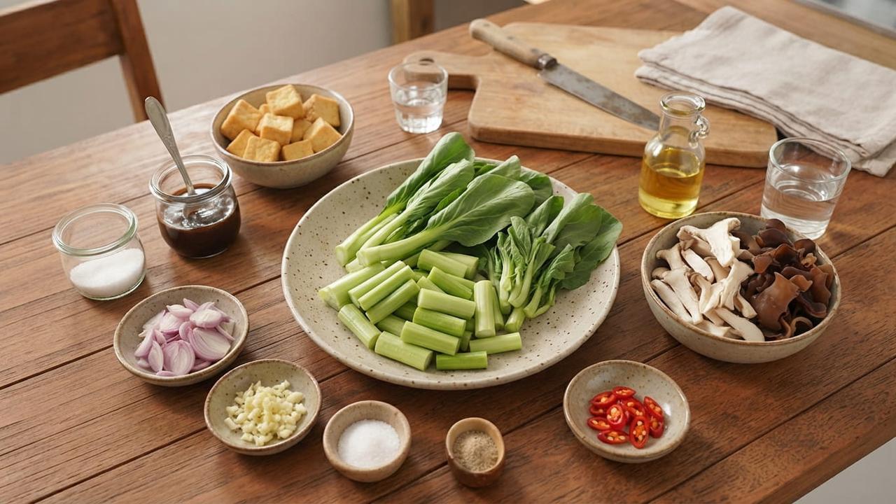 Resep Batang Sawi Tumis Tahu dan Jamur