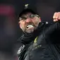 Ekspresi Pelatih Livepool, Jurgen klopp, saat merayakan kemenangan timnya ketika melawan Crystal Palace pada laga Premier League. (AFP/Paul Ellis)