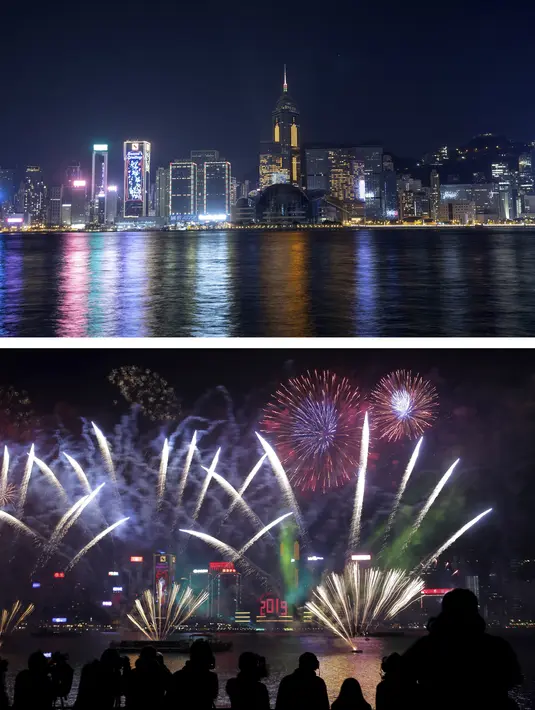 Gambar kombo Pelabuhan Victoria pada Malam Tahun Baru tahun 2021 di Hong Kong, foto teratas diambil pada Kamis, 31 Desember 2020, dan bawah pada hari Selasa, 1 Januari 2019, kembang api meledak di atas Pelabuhan Victoria selama Malam Tahun Baru untuk merayakan awal tahun 2019. (AP Photo/Kin Cheung)