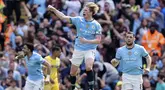 Pemain Manchester City, Kevin De Bruyne melakukan selebrasi setelah mencetak gol ke gawang Leicester dalam laga lanjutan Liga Inggris 2024/2025 di Etihad Stadium, Manchester, Inggris, Sabtu (12/04/2025) waktu setempat. (AP Photo/PA/Martin Rickett)