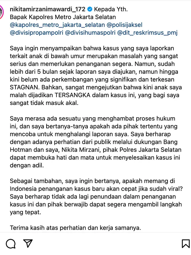 Unggahan Nikita Mirzani. (Foto: Dok. Instagram @nikitamirzanimawardi_172)