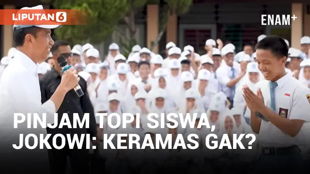 Kepanasan Saat Bicara, Jokowi Dipinjami Topi Pelajar SMKN 1 Kedungwuni Pekalongan