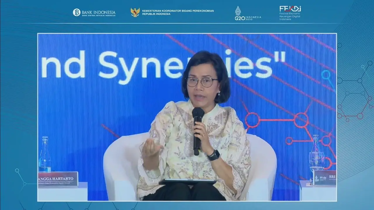 Menteri Keuangan Sri Mulyani Indrawati dalam Leader’s Talk Festival Ekonomi dan Keuangan Digital Indonesia (FEKDI), Nusa Dua, Bali, Senin (11/7/2022).