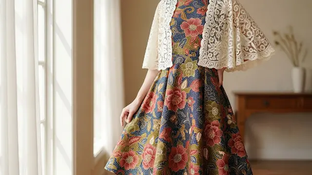 Dress Fit and Flare Kombinasi Brokat Outer Cape