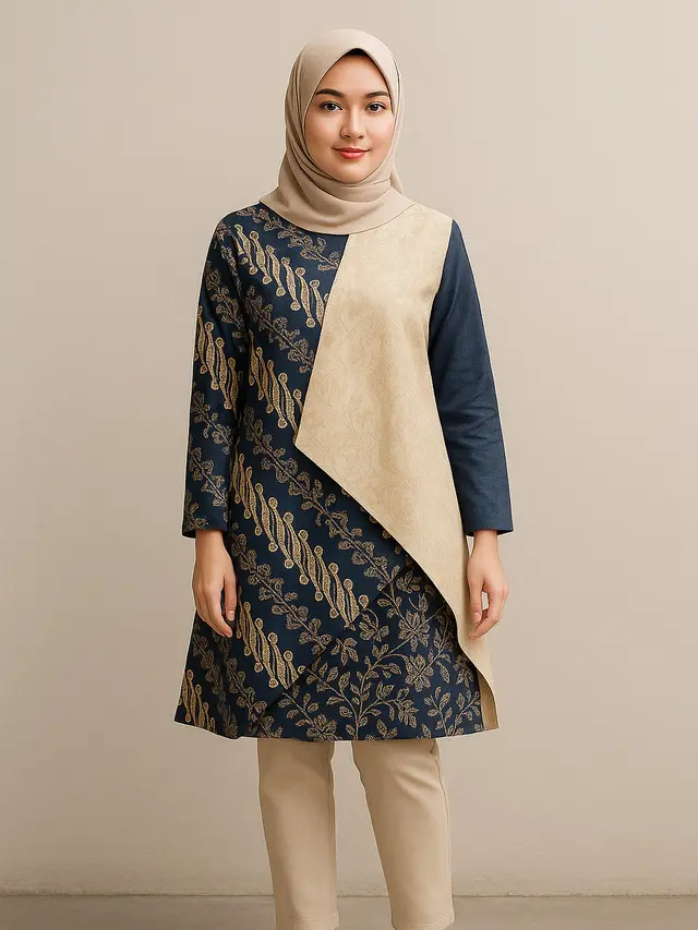 Model Tunik Batik Kombinasi 2 Warna/Ilustrasi gambar AI