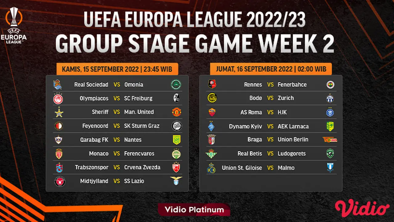 Link Live Streaming Liga Europa 2022/2023 Matchweek 2 di Vidio, 15 Hingga 16 September, Dini Malam Hari