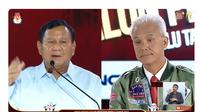 Calon presiden nomor urut 3 Ganjar Pranowo dan capres nomor urut 2 Prabowo Subianto saat debat capres ketiga yang digelar KPU pada Minggu (7/1/2024) di Istora, Senayan, Jakarta. (Tangkapan Layar YouTube KPU RI)