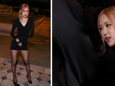 Foto kolase Rose Blackpink saat tiba untuk koleksi busana Saint Laurent Spring/Summer 2023 yang dipresentasikan selama Perhelatan Paris Fashion Week di Paris pada 27 September 2022. (Photo by Vianney Le Caer/Invision/AP)