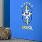 Seekor kucing yang naik ke atas meja media terlihat saat Vinicius Junior dari Brasil melanjutkan konferensi pers. Nelson Almeida, AFP Via Getty Images