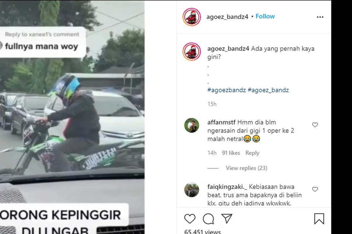 Seperti dilansir akun Instagram @agoez_bandz4, Kamis (10/9/2020), terlihat seorang pengendara motor trail kesulitan mengontrol tarikan gas kendaraannya.